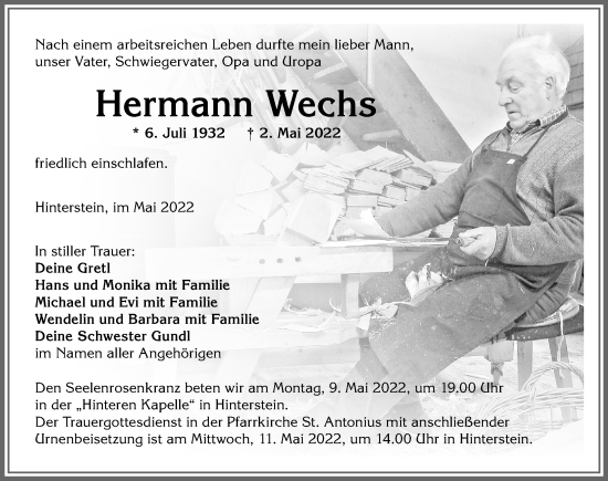Traueranzeige von Hermann Wechs von Allgäuer Anzeigeblatt
