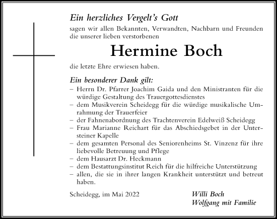 Traueranzeige von Hermine Boch von Der Westallgäuer