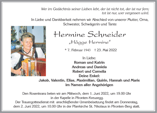 Traueranzeige von Hermine Schneider von Allgäuer Zeitung, Füssen