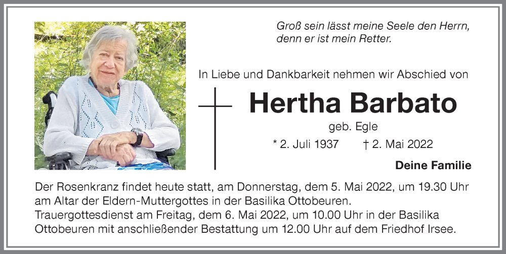  Traueranzeige für Hertha Barbato vom 05.05.2022 aus Allgäuer Zeitung, Kaufbeuren/Buchloe