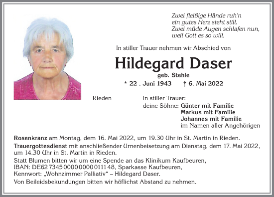 Traueranzeige von Hildegard Daser von Allgäuer Zeitung, Kaufbeuren/Buchloe