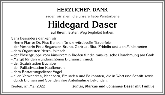 Traueranzeige von Hildegard Daser von Allgäuer Zeitung, Kaufbeuren/Buchloe