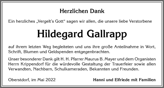 Traueranzeige von Hildegard Gallrapp von Allgäuer Anzeigeblatt