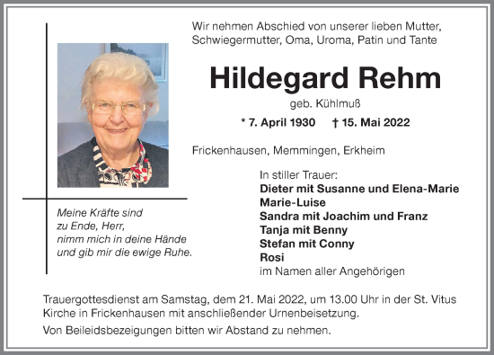 Traueranzeige von Hildegard Rehm von Memminger Zeitung