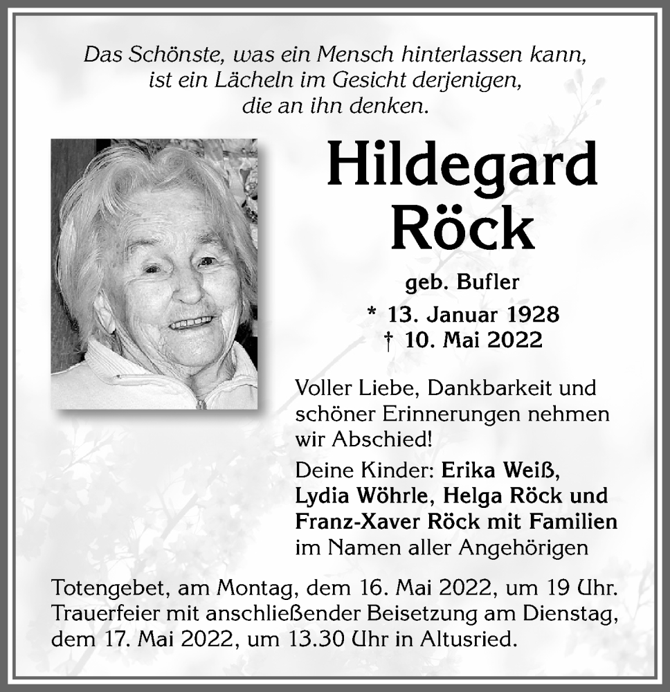  Traueranzeige für Hildegard Röck vom 14.05.2022 aus Allgäuer Zeitung,Kempten