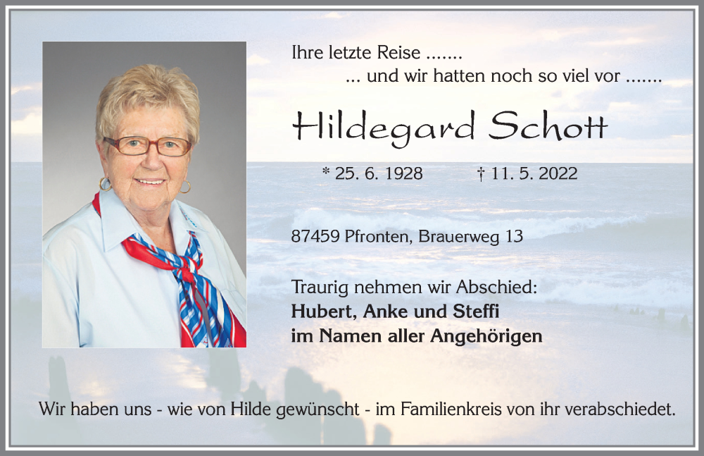  Traueranzeige für Hildegard Schott vom 21.05.2022 aus Allgäuer Zeitung, Füssen