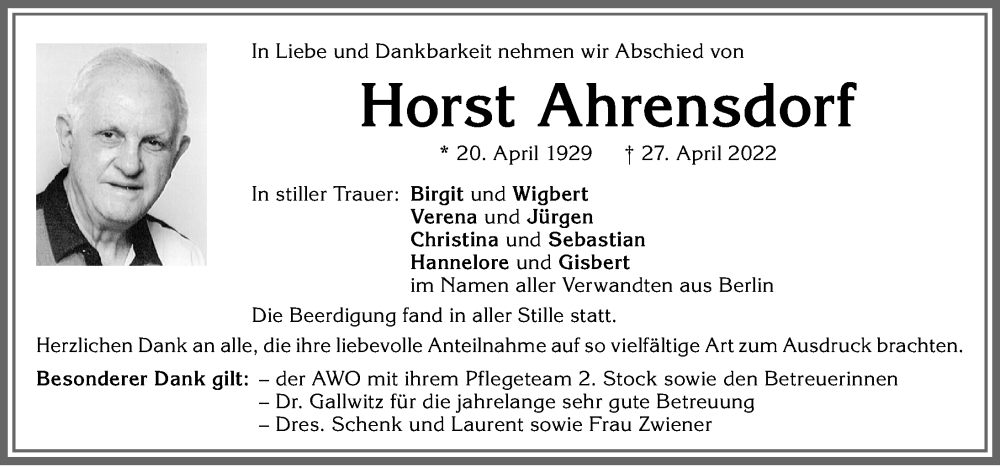  Traueranzeige für Horst Ahrensdorf vom 13.05.2022 aus Allgäuer Zeitung, Kaufbeuren/Buchloe