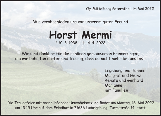 Traueranzeige von Horst Mermi von Allgäuer Zeitung,Kempten
