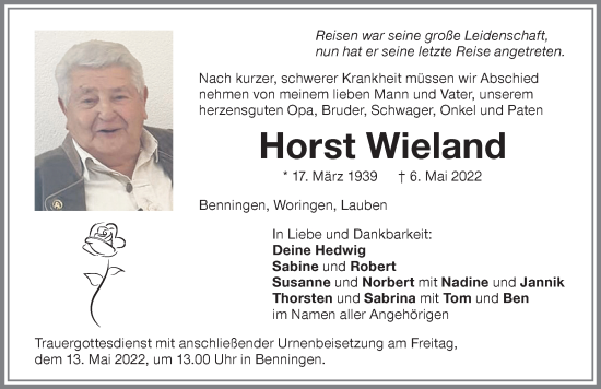 Traueranzeige von Horst Wieland von Memminger Zeitung