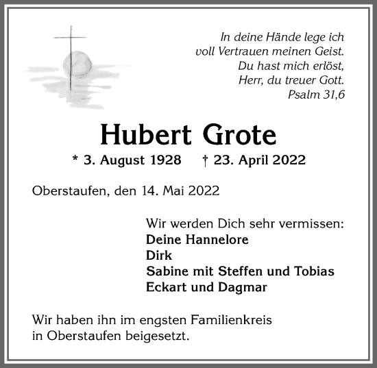Traueranzeige von Hubert Grote von Allgäuer Anzeigeblatt