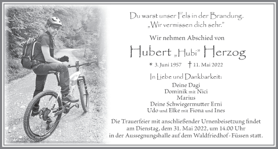 Traueranzeige von Hubert Herzog von Allgäuer Zeitung, Füssen
