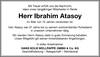 Traueranzeige von Ibrahim Atasoy von Memminger Zeitung