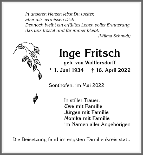 Traueranzeige von Inge Fritsch von Allgäuer Anzeigeblatt