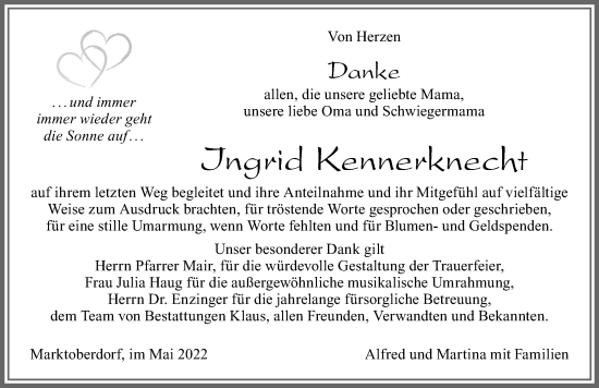 Traueranzeige von Ingrid Kennerknecht von Allgäuer Zeitung, Marktoberdorf