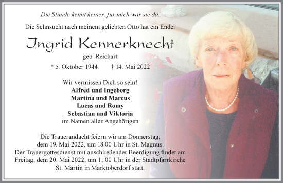 Traueranzeige von Ingrid Kennerknecht von Allgäuer Zeitung, Marktoberdorf