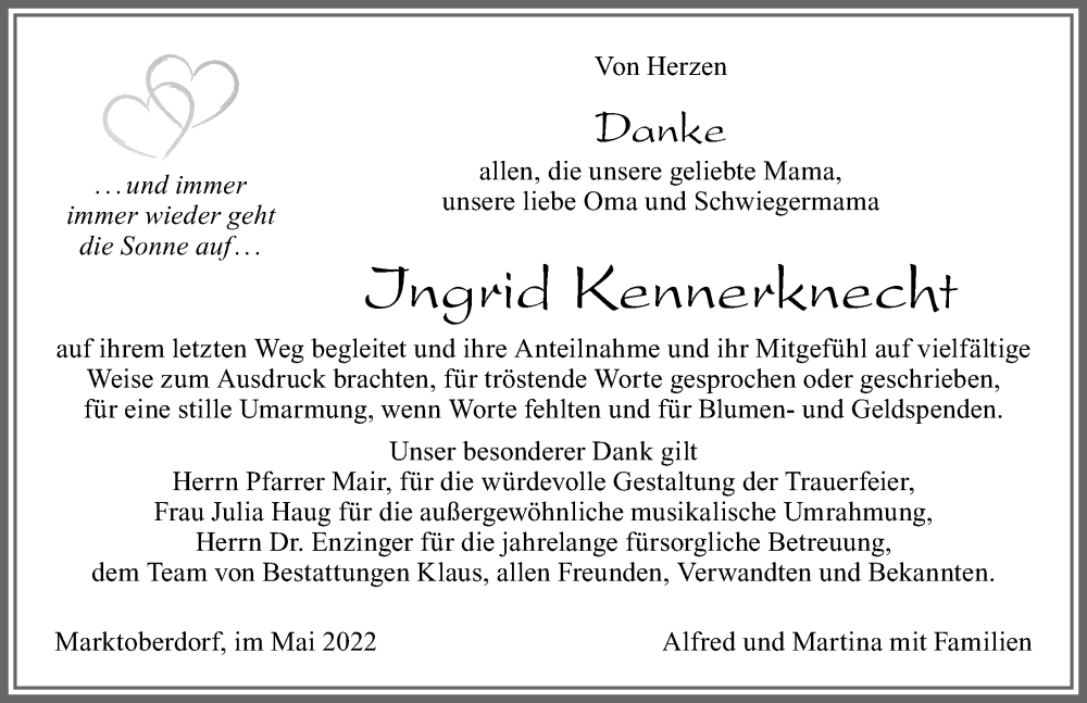 Traueranzeige für Ingrid Kennerknecht vom 28.05.2022 aus Allgäuer Zeitung, Marktoberdorf