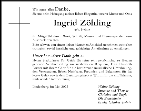 Traueranzeige von Ingrid Zöhling von Der Westallgäuer