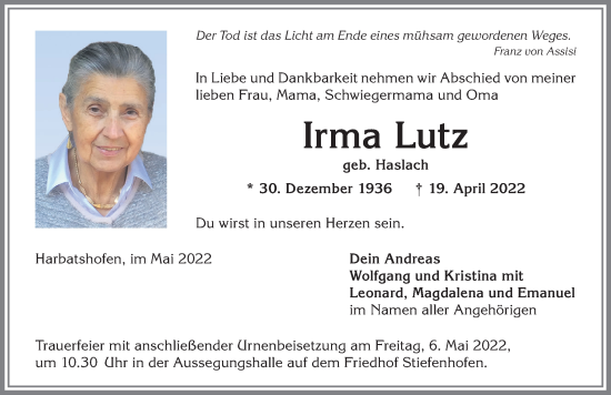 Traueranzeige von Irma Lutz von Der Westallgäuer