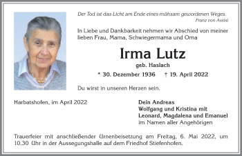 Traueranzeige von Irma Lutz von Allgäuer Anzeigeblatt