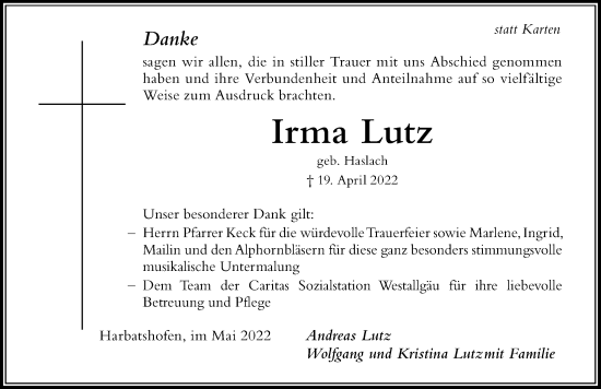 Traueranzeige von Irma Lutz von Der Westallgäuer
