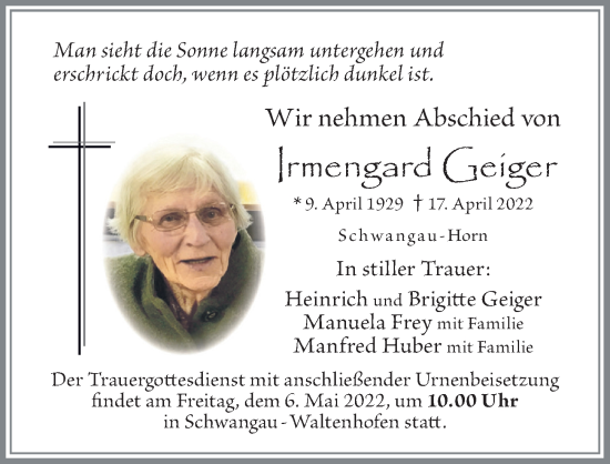 Traueranzeige von Irmengard Geiger von Allgäuer Zeitung, Füssen