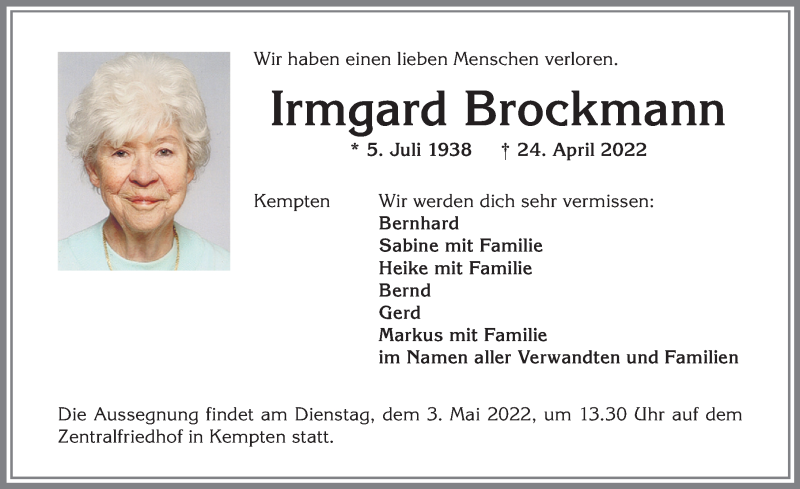  Traueranzeige für Irmgard Brockmann vom 30.04.2022 aus Allgäuer Zeitung,Kempten