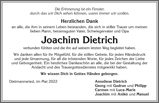 Traueranzeige von Joachim Dietrich von Allgäuer Zeitung,Kempten