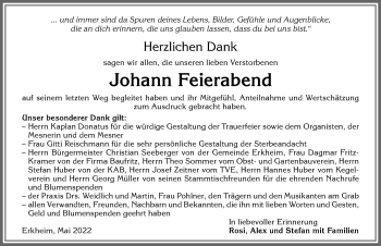 Traueranzeige von Johann Feierabend von Memminger Zeitung