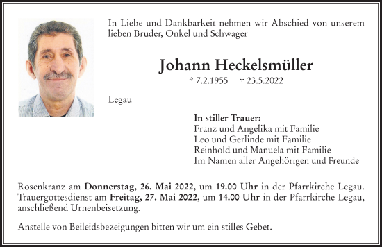 Traueranzeige von Johann Heckelsmüller von Memminger Zeitung