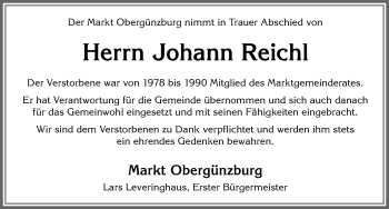 Traueranzeige von Johann Reichl von Allgäuer Zeitung, Marktoberdorf