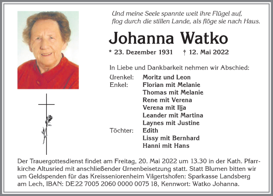 Traueranzeige von Johanna Watko von Allgäuer Zeitung,Kempten