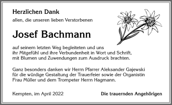 Traueranzeige von Josef Bachmann von Allgäuer Zeitung,Kempten