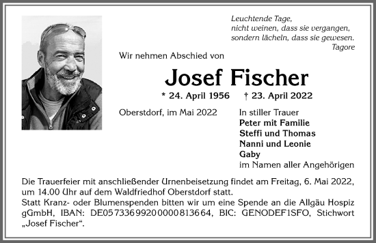 Traueranzeige von Josef Fischer von Allgäuer Anzeigeblatt