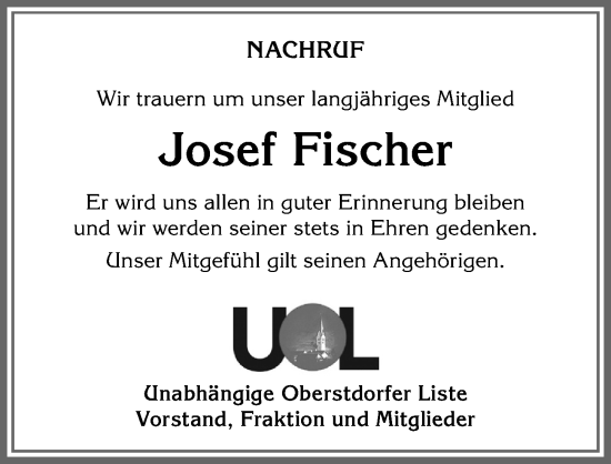 Traueranzeige von Josef Fischer von Allgäuer Anzeigeblatt