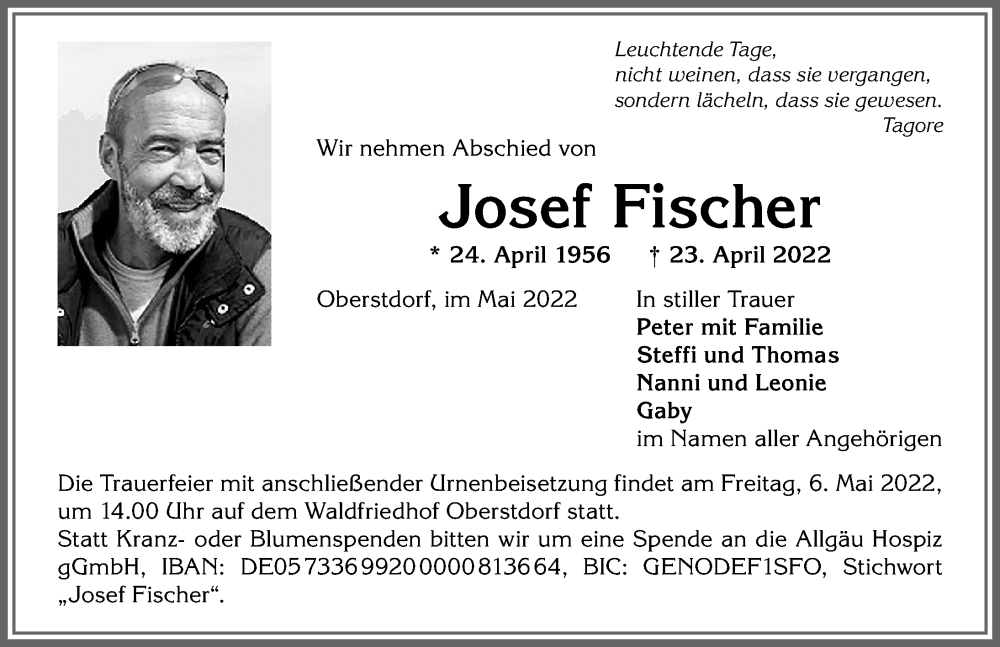  Traueranzeige für Josef Fischer vom 04.05.2022 aus Allgäuer Anzeigeblatt