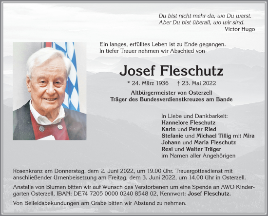 Traueranzeige von Josef Fleschutz von Allgäuer Zeitung, Kaufbeuren/Buchloe