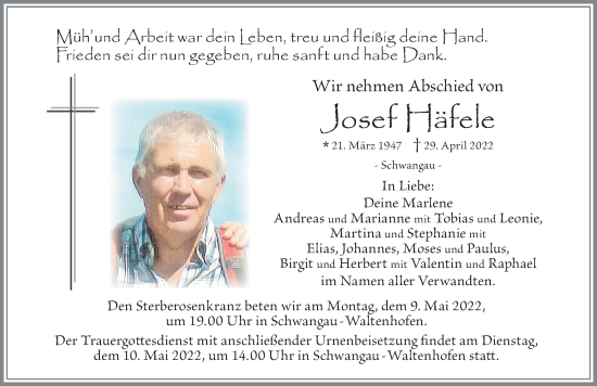 Traueranzeige von Josef Häfele von Allgäuer Zeitung, Füssen