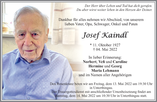 Traueranzeige von Josef Kaindl von Allgäuer Zeitung, Marktoberdorf