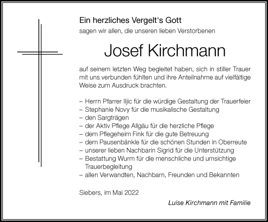Traueranzeige von Josef Kirchmann von Der Westallgäuer