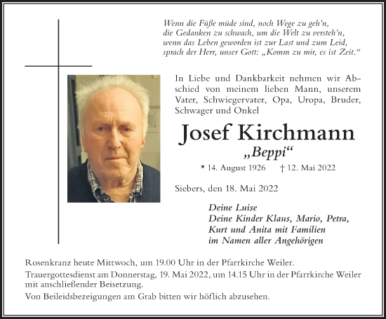 Traueranzeige von Josef Kirchmann von Der Westallgäuer