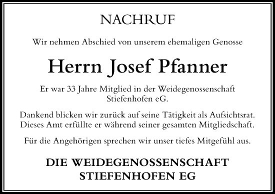 Traueranzeige von Josef Pfanner von Der Westallgäuer