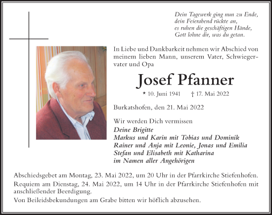 Traueranzeige von Josef Pfanner von Der Westallgäuer