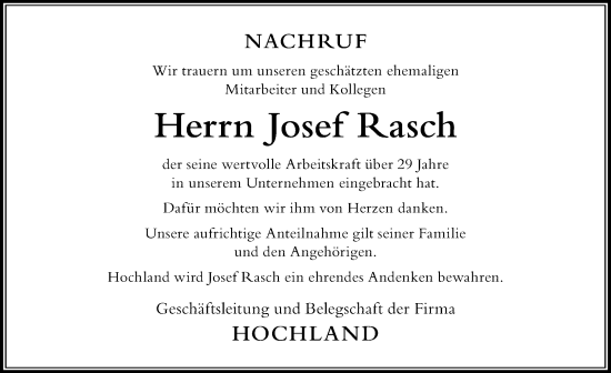 Traueranzeige von Josef Rasch von Der Westallgäuer