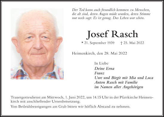 Traueranzeige von Josef Rasch von Der Westallgäuer