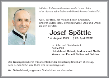Traueranzeige von Josef Spöttle von Allgäuer Zeitung,Kempten
