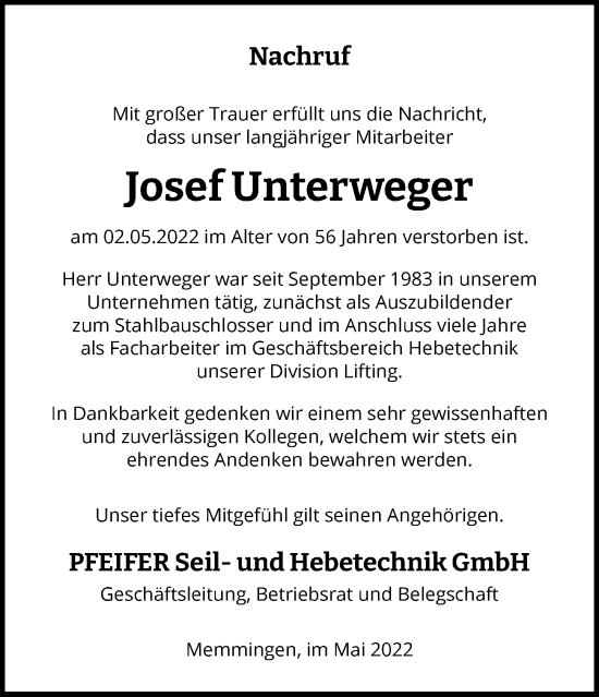 Traueranzeige von Josef Unterweger von Memminger Zeitung