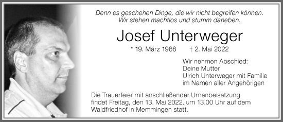 Traueranzeige von Josef Unterweger von Memminger Zeitung