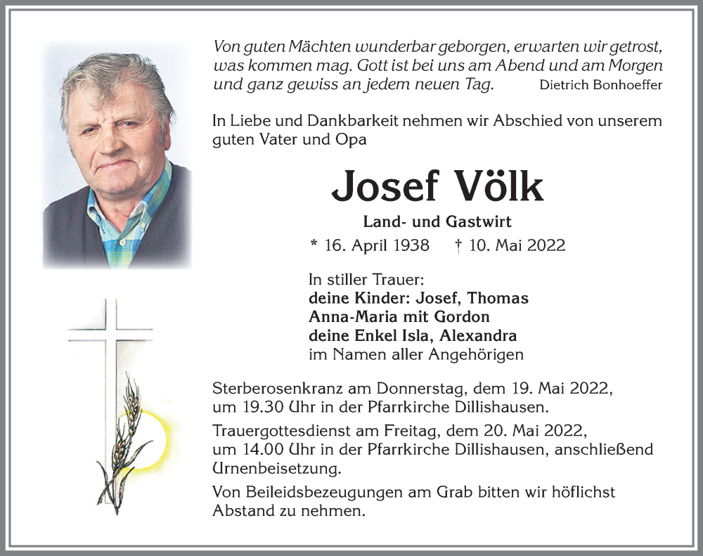  Traueranzeige für Josef Völk vom 14.05.2022 aus Allgäuer Zeitung, Kaufbeuren/Buchloe