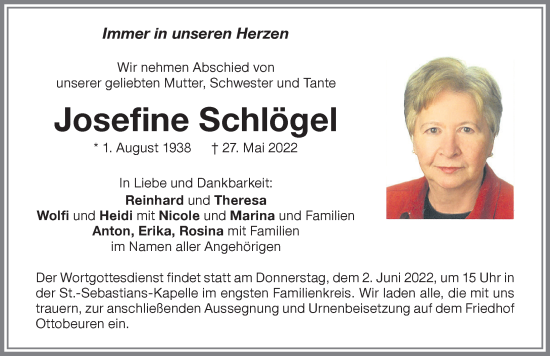 Traueranzeige von Josefine Schlögel von Memminger Zeitung