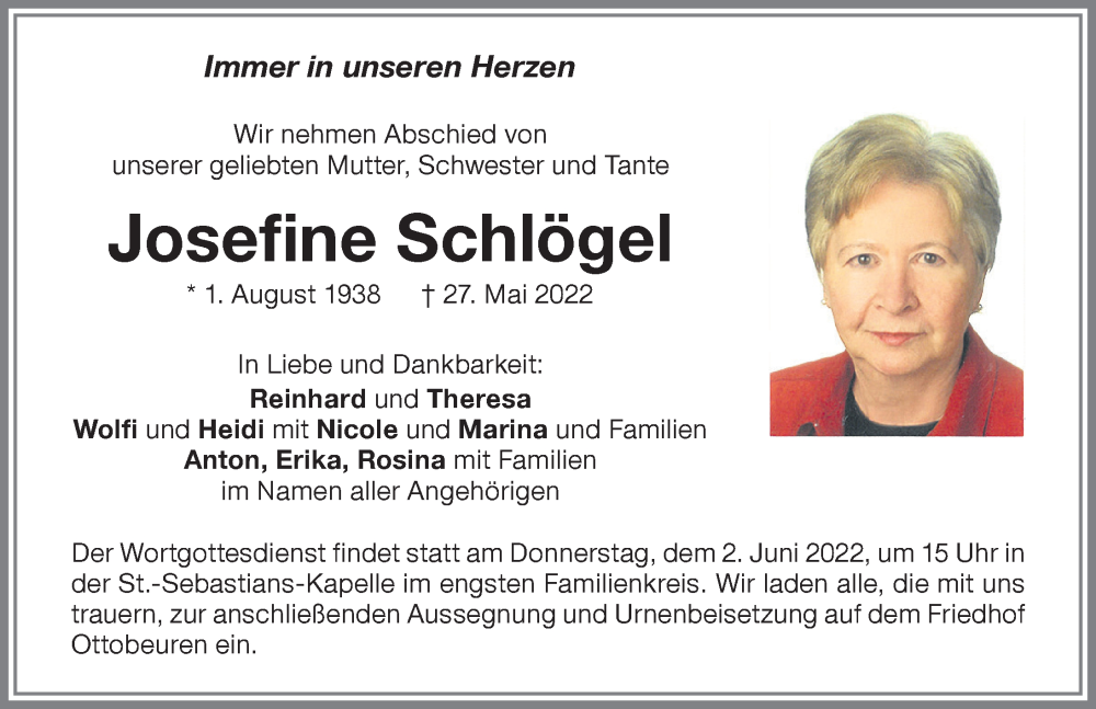  Traueranzeige für Josefine Schlögel vom 31.05.2022 aus Memminger Zeitung